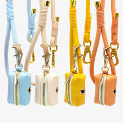 PU Leather Dog Collar, Collar/Lead/Poop Bag, Dog Collar Leash Set Cream+Light Blue+Yellow+Orange Engraved Metal Buckle, Wedding Puppy Gift
