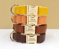 PU Leather Dog Collar, Collar/Lead/Poop Bag, Dog Collar Leash Set Yellow+Orange+Light Brown+Dark Brown Engraved Metal Buckle, Wedding Gift