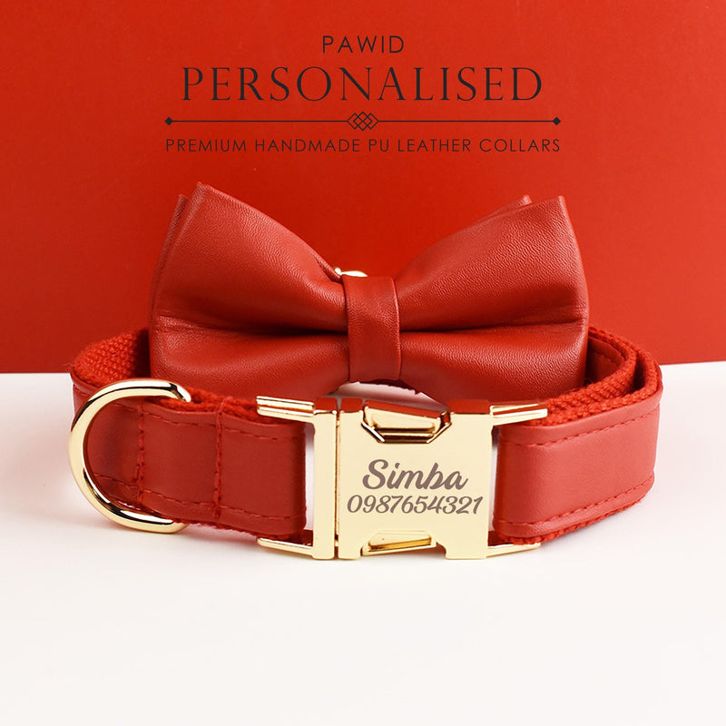 Leather dog collar, red pu collar/lead/bowtie/harness/bag,solid dog collar leash set, engraved metal buckle,easy clean,wedding puppy gift