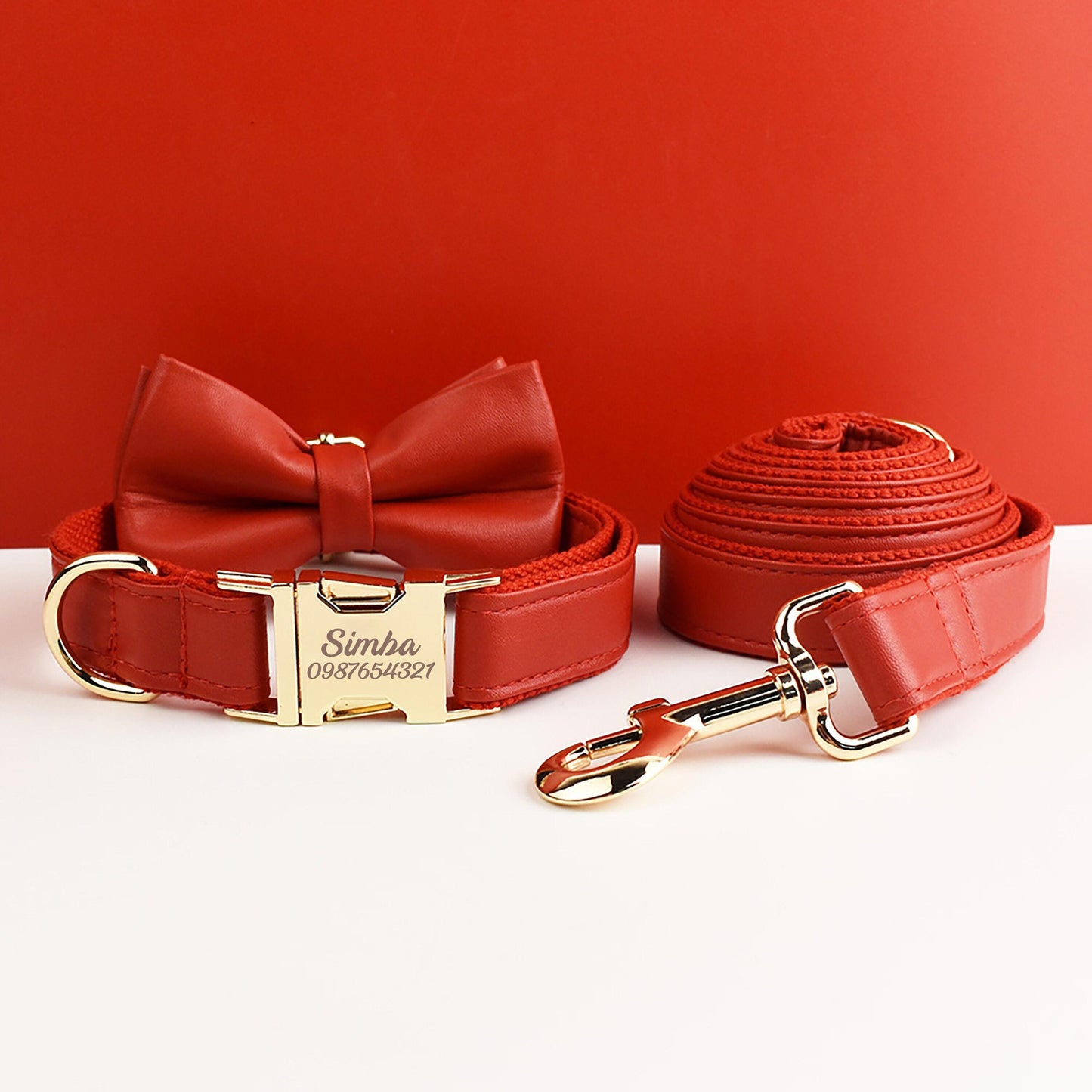 Leather dog collar, red pu collar/lead/bowtie/harness/bag,solid dog collar leash set, engraved metal buckle,easy clean,wedding puppy gift