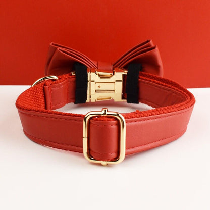 Leather dog collar, red pu collar/lead/bowtie/harness/bag,solid dog collar leash set, engraved metal buckle,easy clean,wedding puppy gift