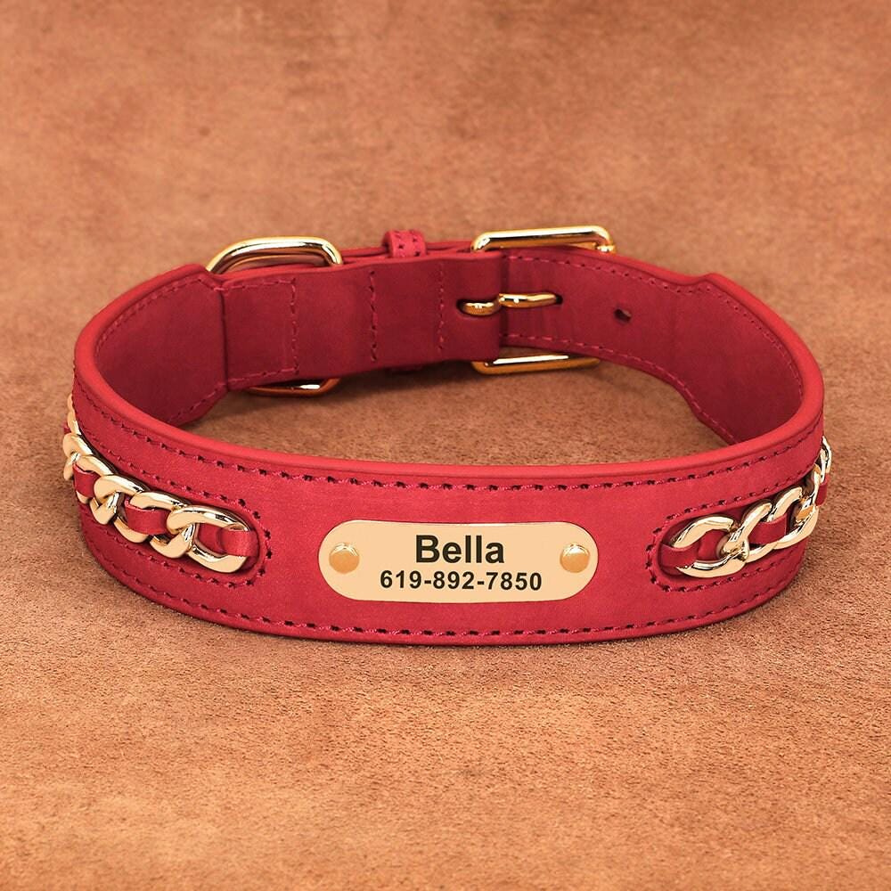Personalised laser engraved genuine leather golden chain deco dog collar for small to large dogs