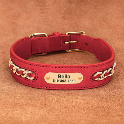 Personalised laser engraved genuine leather golden chain deco dog collar for small to large dogs