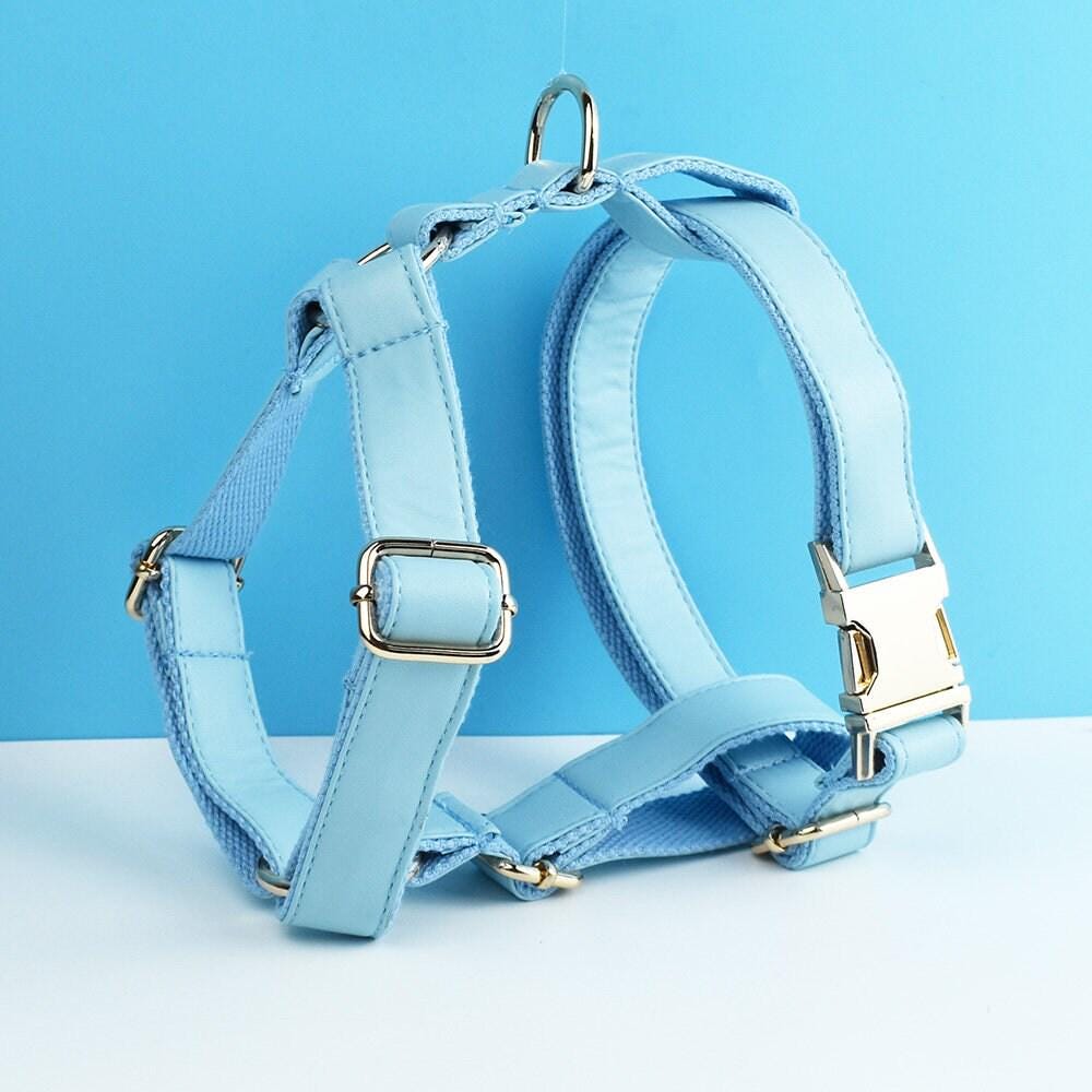 Leather dog collar, sky blue PU collar/lead/bowtie/harness/bag, solid dog collar leash set, engraved metal buckle,wedding puppy gift