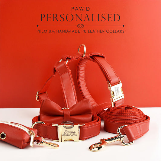 Leather dog harness, red pu collar/lead/bowtie/harness/bag,solid dog collar leash set, engraved metal buckle,easy clean,wedding puppy gift