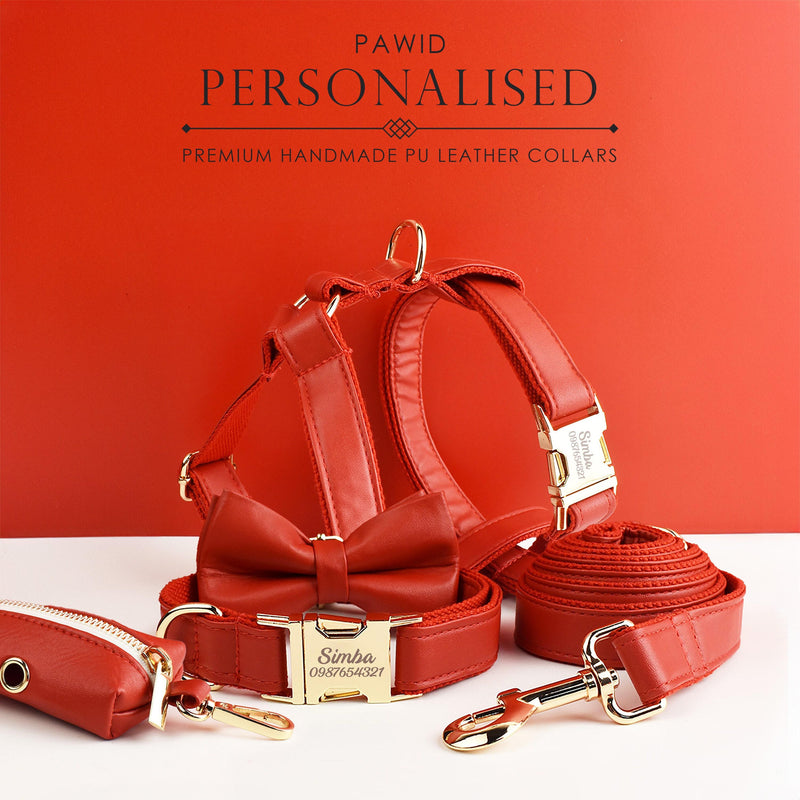 Leather dog harness, red pu collar/lead/bowtie/harness/bag,solid dog collar leash set, engraved metal buckle,easy clean,wedding puppy gift