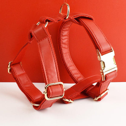 Leather dog harness, red pu collar/lead/bowtie/harness/bag,solid dog collar leash set, engraved metal buckle,easy clean,wedding puppy gift