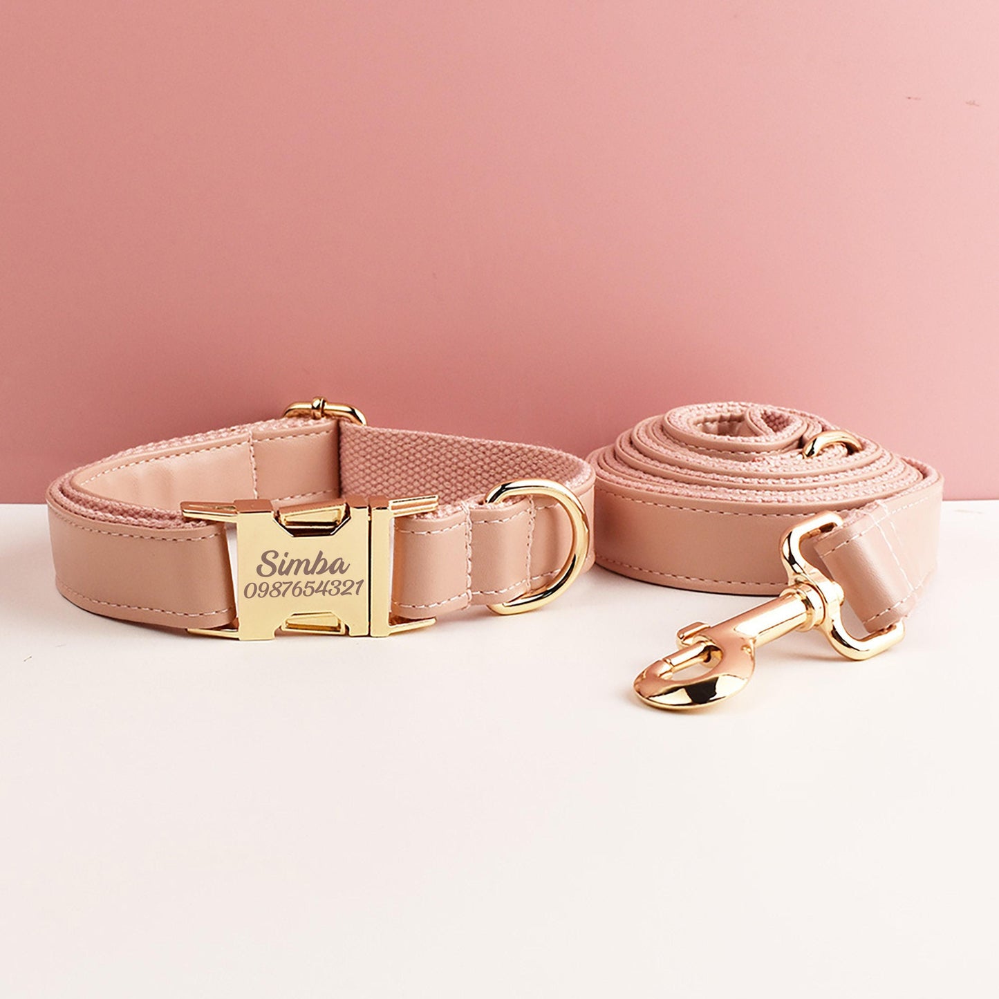 Leather dog collar, champagne pu collar/lead/bowtie/harness/bag,solid dog collar leash set, engraved metal buckle,wedding puppy gift