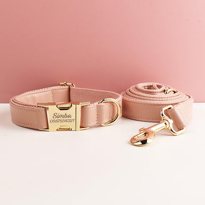 Leather dog collar, champagne pu collar/lead/bowtie/harness/bag,solid dog collar leash set, engraved metal buckle,wedding puppy gift