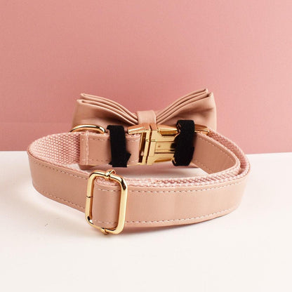Leather dog collar, champagne pu collar/lead/bowtie/harness/bag,solid dog collar leash set, engraved metal buckle,wedding puppy gift