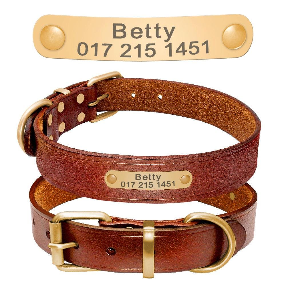 Leather dog collar Personalised classic genuine brown leather (gold/silver buckle) * custom dog collar with nameplate