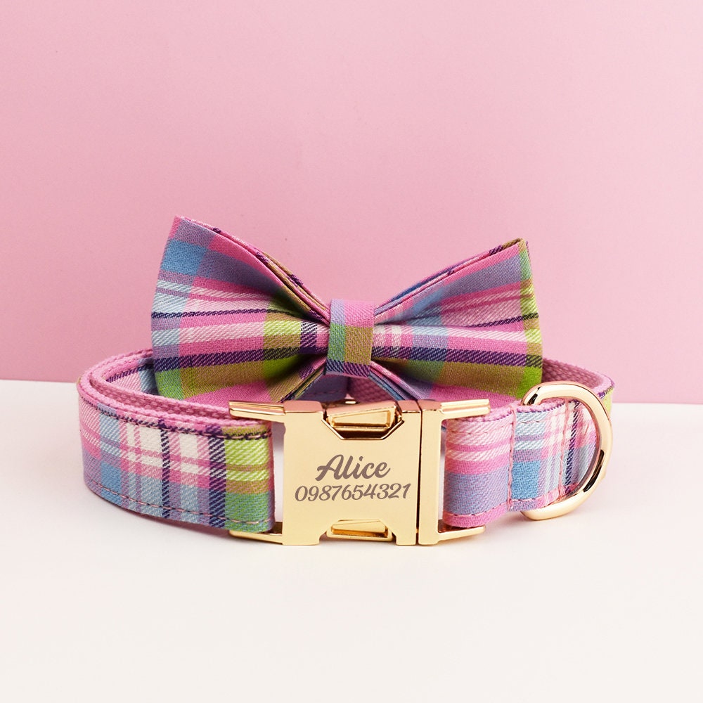 Custom Light Purple Plaid Personalised Tartan Dog Collar, Matching Dog Bowtie, Dog Leash, Dog Harness Walking Set