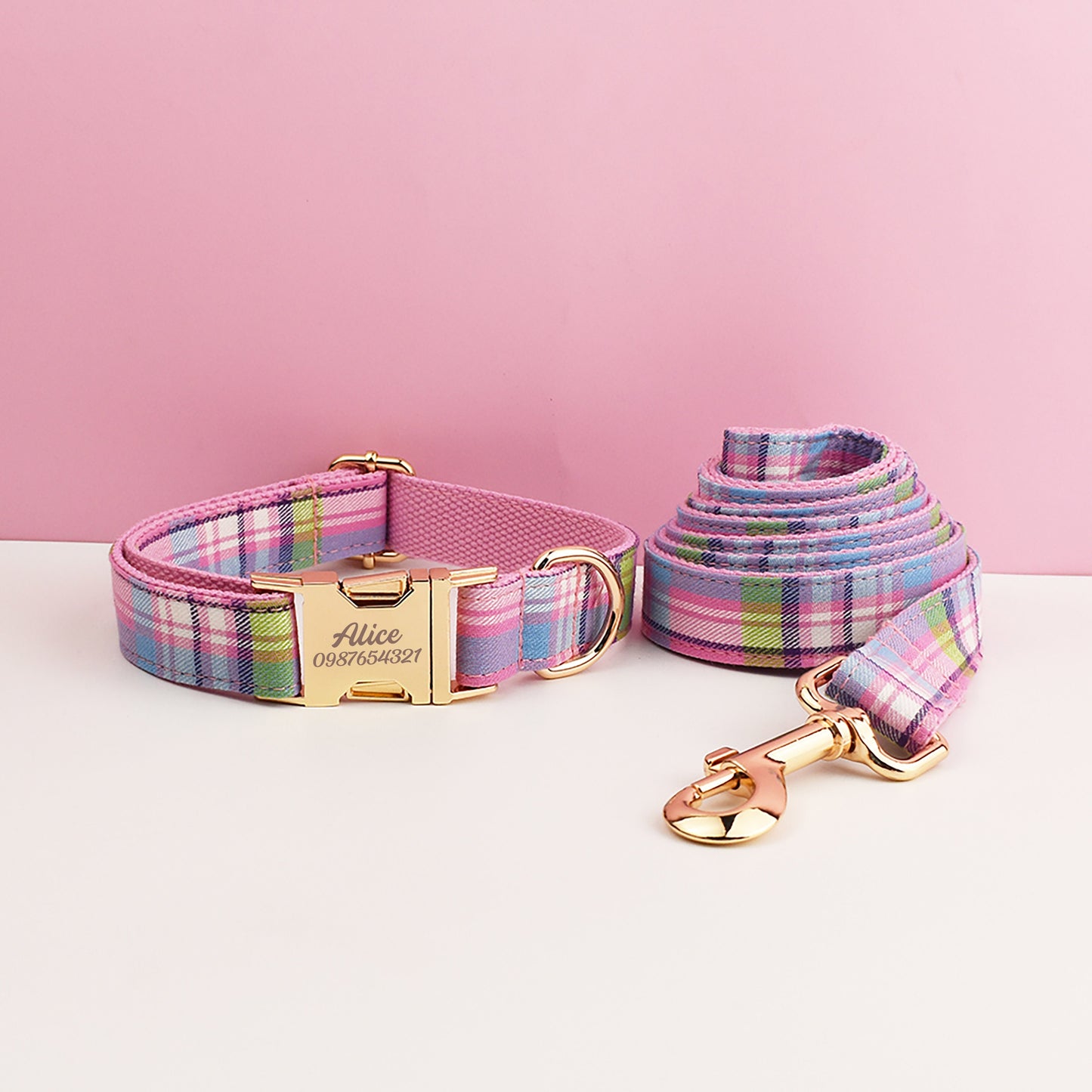 Custom Light Purple Plaid Personalised Tartan Dog Collar, Matching Dog Bowtie, Dog Leash, Dog Harness Walking Set