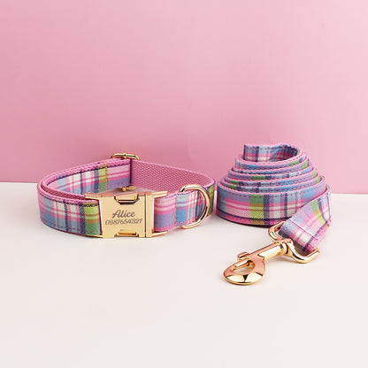 Custom Light Purple Plaid Personalised Tartan Dog Collar, Matching Dog Bowtie, Dog Leash, Dog Harness Walking Set