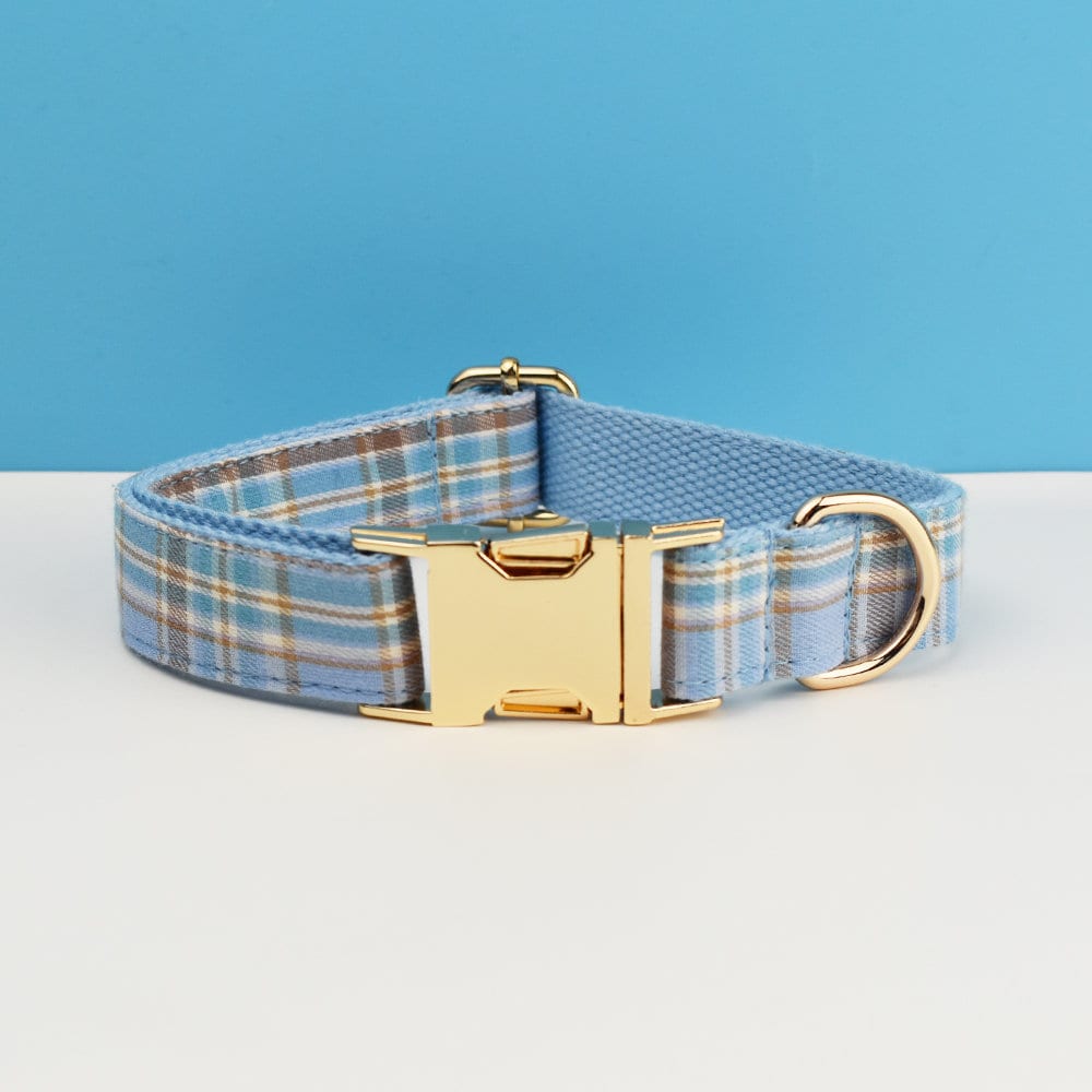 Custom Blue Plaid Dog Walking Set Personalised Dog Collar, Matching Dog Bowtie, Dog Leash, Roman Dog Harness