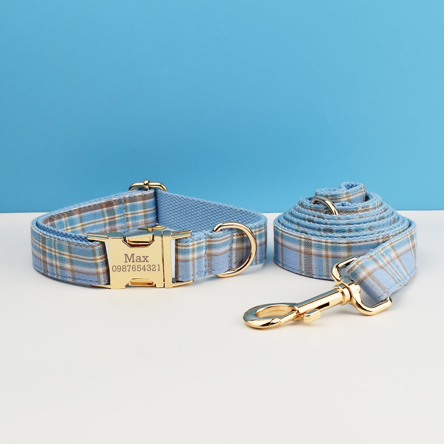 Custom Blue Plaid Dog Walking Set Personalised Dog Collar, Matching Dog Bowtie, Dog Leash, Roman Dog Harness