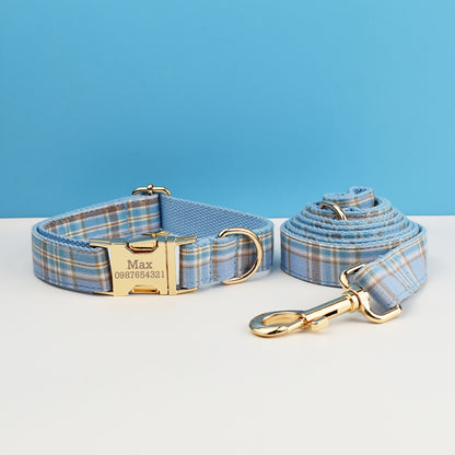 Custom Blue Plaid Dog Walking Set Personalised Dog Collar, Matching Dog Bowtie, Dog Leash, Roman Dog Harness