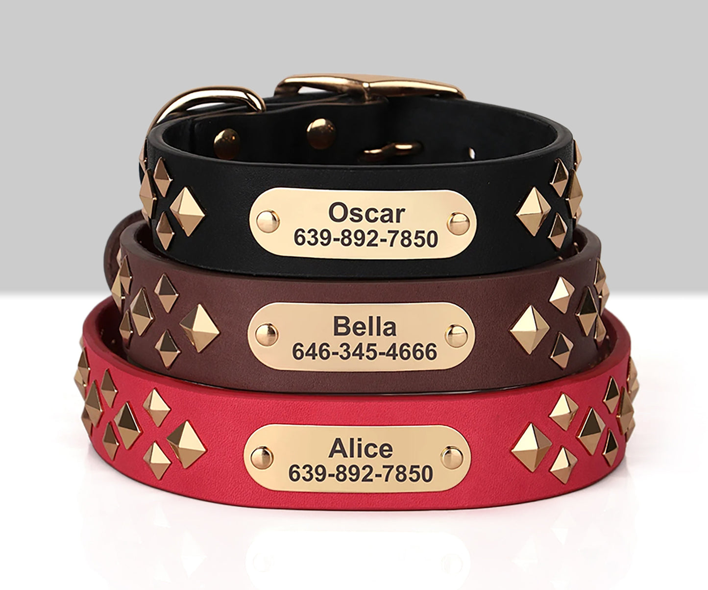 Personalised Laser Engraved Genuine Leather Spiked Deco Dog Collar for Small to Large dogs