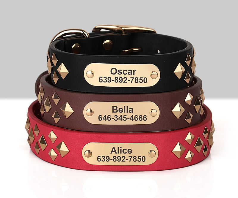 Personalized Laser Engraved Genuine Leather Spiked Deco Dog Collar for Small to Large dogs