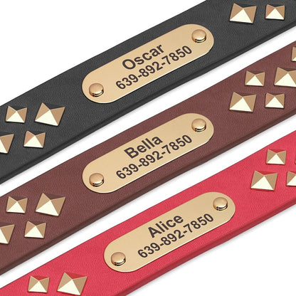 Personalised Laser Engraved Genuine Leather Spiked Deco Dog Collar for Small to Large dogs