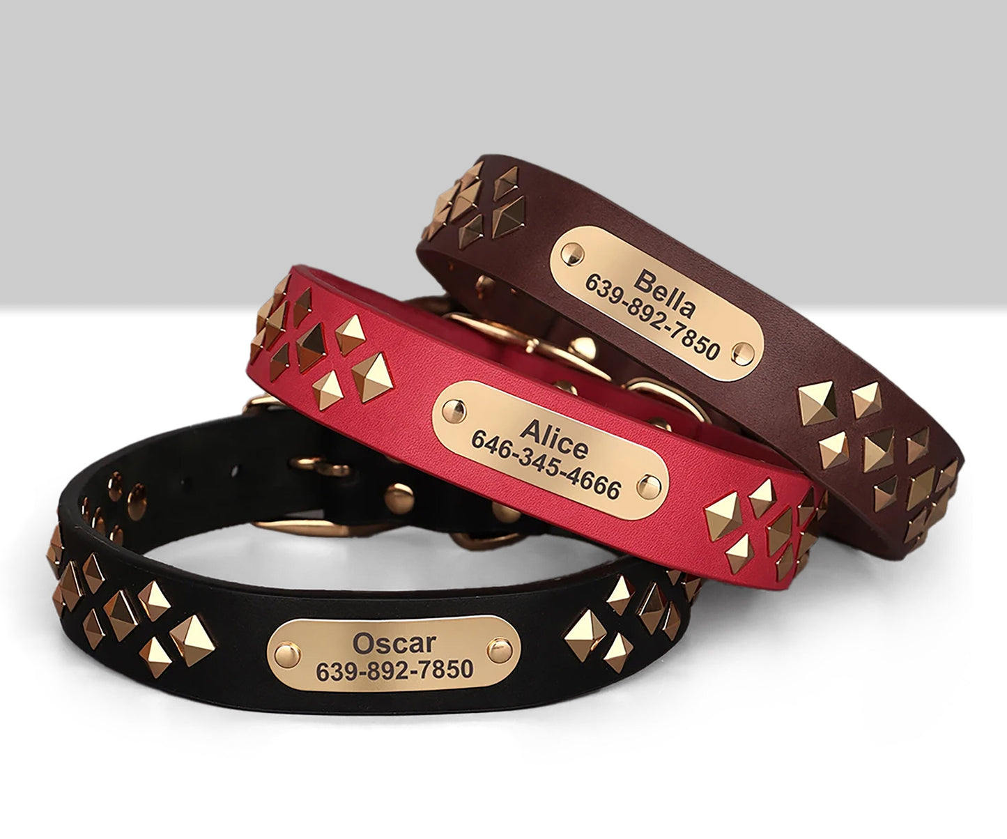 Personalised Laser Engraved Genuine Leather Spiked Deco Dog Collar for Small to Large dogs
