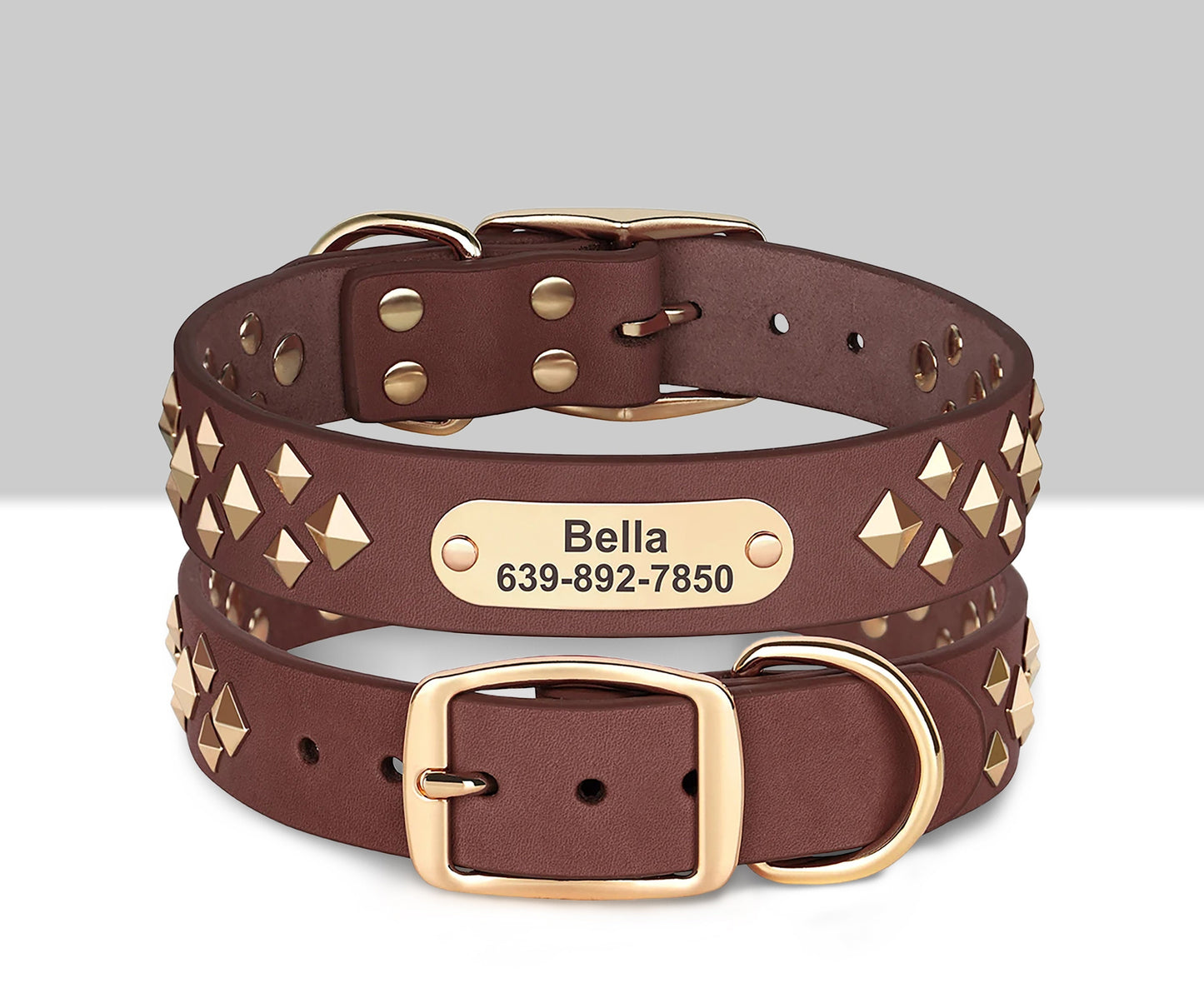 Personalised Laser Engraved Genuine Leather Spiked Deco Dog Collar for Small to Large dogs