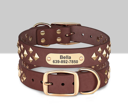 Personalised Laser Engraved Genuine Leather Spiked Deco Dog Collar for Small to Large dogs