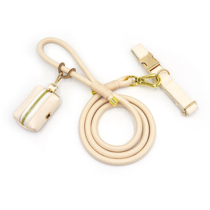 Custom Dog Leather Collar, Cream PU Leather with Engraved Buckle, Strong Roll Nylon Dog Lead, Pet Collar & Leash Sets