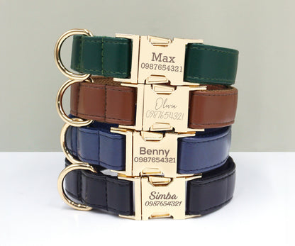 PU Leather Dog Collar, Collar/Lead/Poop Bag, Dog Collar Leash Set Brown+Dark Green+Blue+Black Engraved Metal Buckle, Wedding Puppy Gift