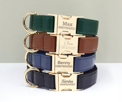 PU Leather Dog Collar, Collar/Lead/Poop Bag, Dog Collar Leash Set Brown+Dark Green+Blue+Black Engraved Metal Buckle, Wedding Puppy Gift
