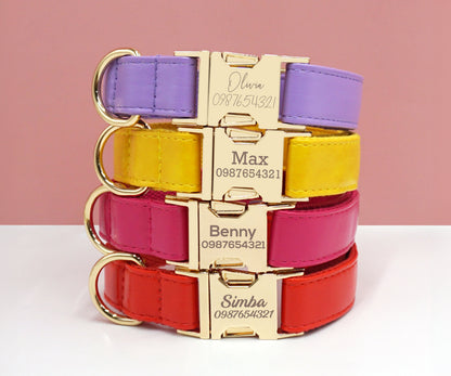PU Leather Dog Collar, Collar/Lead/Poop Bag, Dog Collar Leash Set Purple+Yellow+Hot Pink+Orange Engraved Metal Buckle, Wedding Puppy Gift