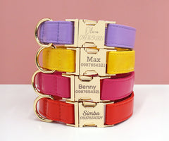 PU Leather Dog Collar, Collar/Lead/Poop Bag, Dog Collar Leash Set Purple+Yellow+Hot Pink+Orange Engraved Metal Buckle, Wedding Puppy Gift