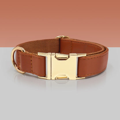 PU Leather Dog Collar, Collar/Lead/Poop Bag, Dog Collar Leash Set Yellow+Orange+Light Brown+Dark Brown Engraved Metal Buckle, Wedding Gift