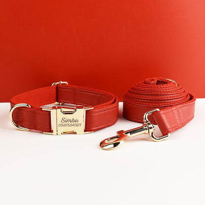 Leather dog collar, red pu collar/lead/bowtie/harness/bag,solid dog collar leash set, engraved metal buckle,easy clean,wedding puppy gift