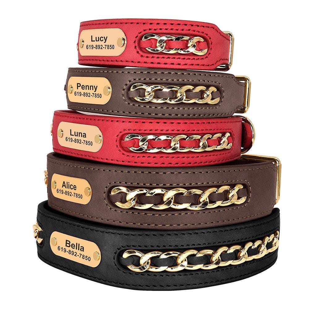 Personalised laser engraved genuine leather golden chain deco dog collar for small to large dogs
