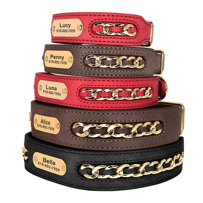 Personalised laser engraved genuine leather golden chain deco dog collar for small to large dogs