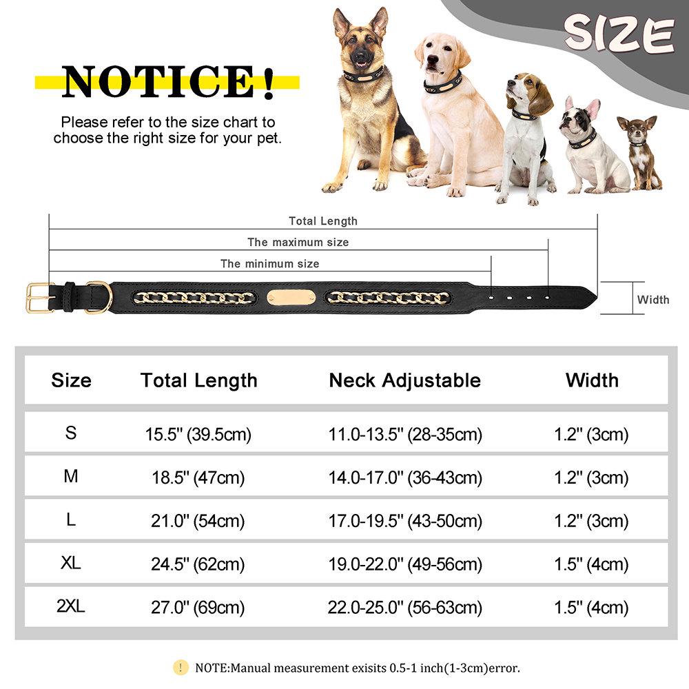 Personalised laser engraved genuine leather golden chain deco dog collar for small to large dogs