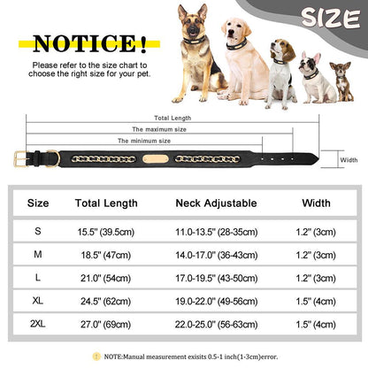 Personalised laser engraved genuine leather golden chain deco dog collar for small to large dogs