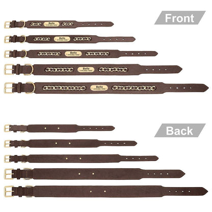 Personalised laser engraved genuine leather golden chain deco dog collar for small to large dogs