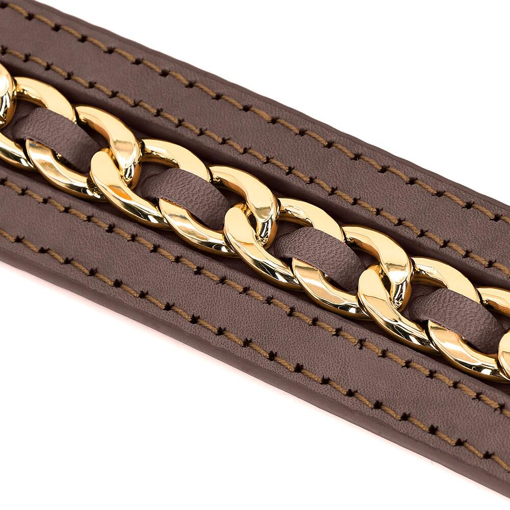 Personalised laser engraved genuine leather golden chain deco dog collar for small to large dogs