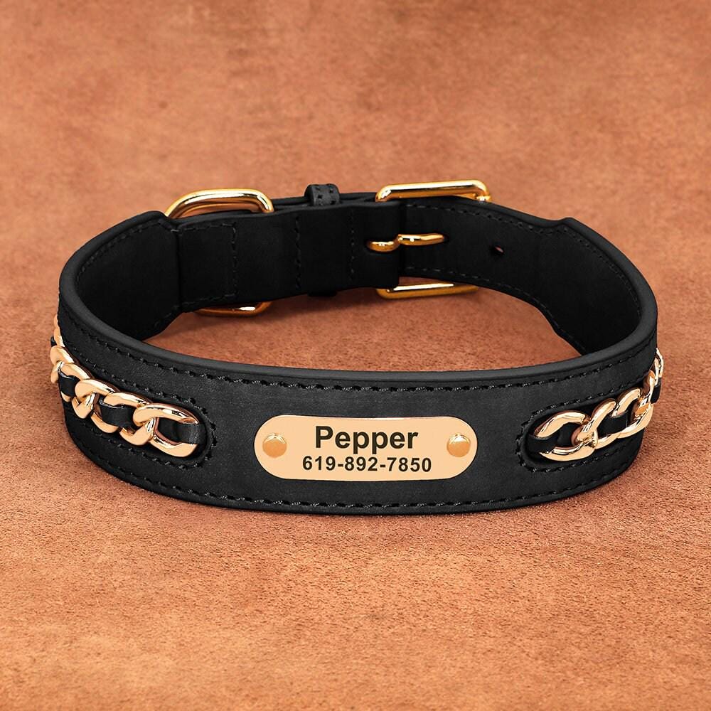 Personalised laser engraved genuine leather golden chain deco dog collar for small to large dogs