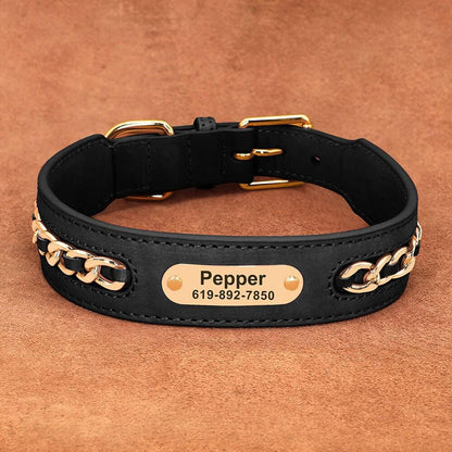 Personalised laser engraved genuine leather golden chain deco dog collar for small to large dogs