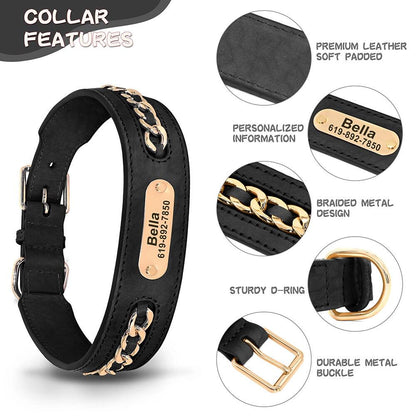 Personalised laser engraved genuine leather golden chain deco dog collar for small to large dogs