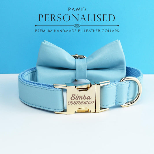 Leather dog collar, sky blue PU collar/lead/bowtie/harness/bag, solid dog collar leash set, engraved metal buckle,wedding puppy gift