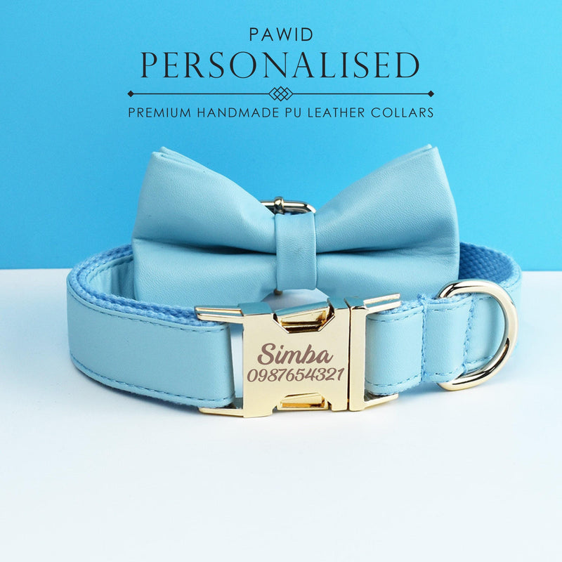 Leather dog collar, sky blue PU collar/lead/bowtie/harness/bag, solid dog collar leash set, engraved metal buckle,wedding puppy gift