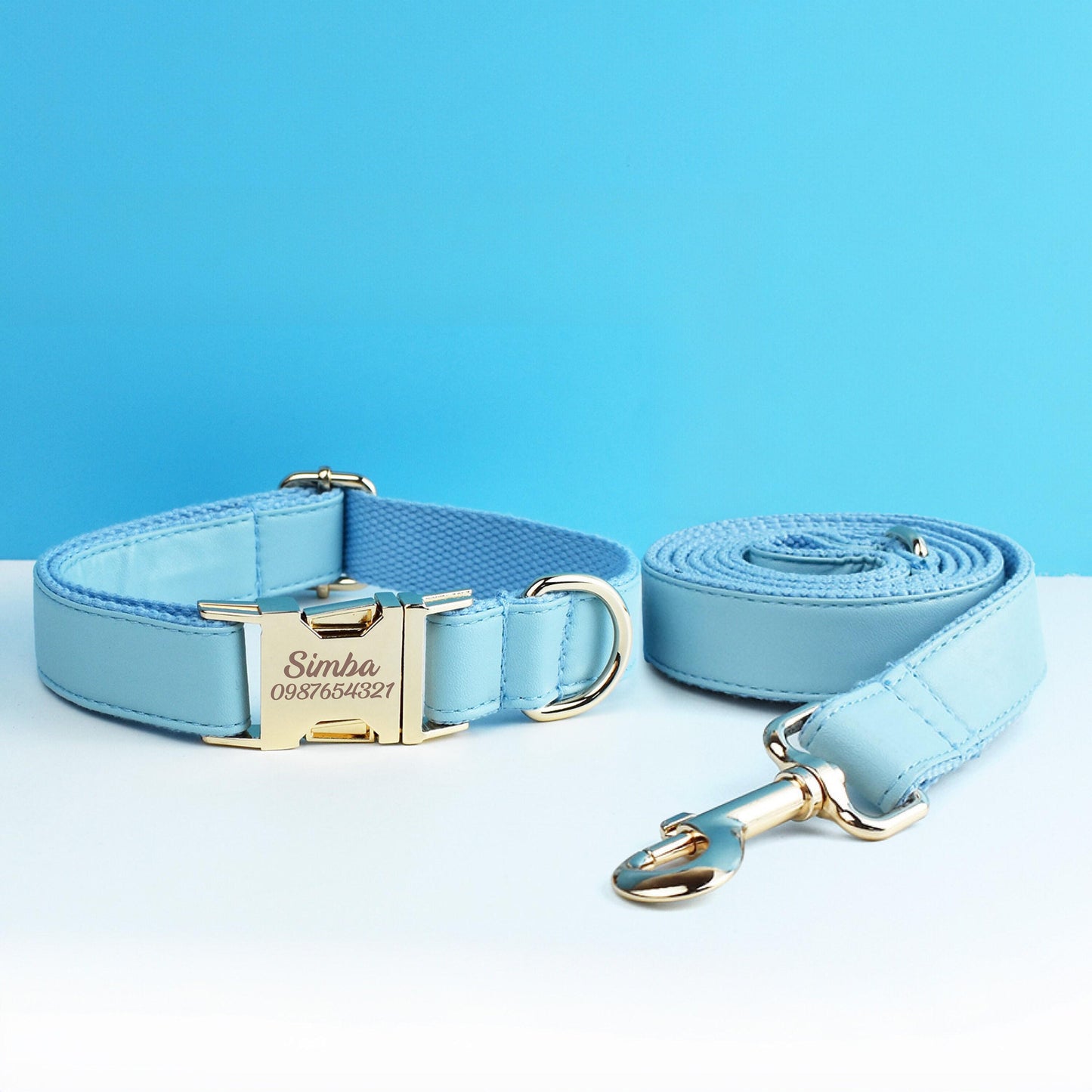 Leather dog collar, sky blue PU collar/lead/bowtie/harness/bag, solid dog collar leash set, engraved metal buckle,wedding puppy gift