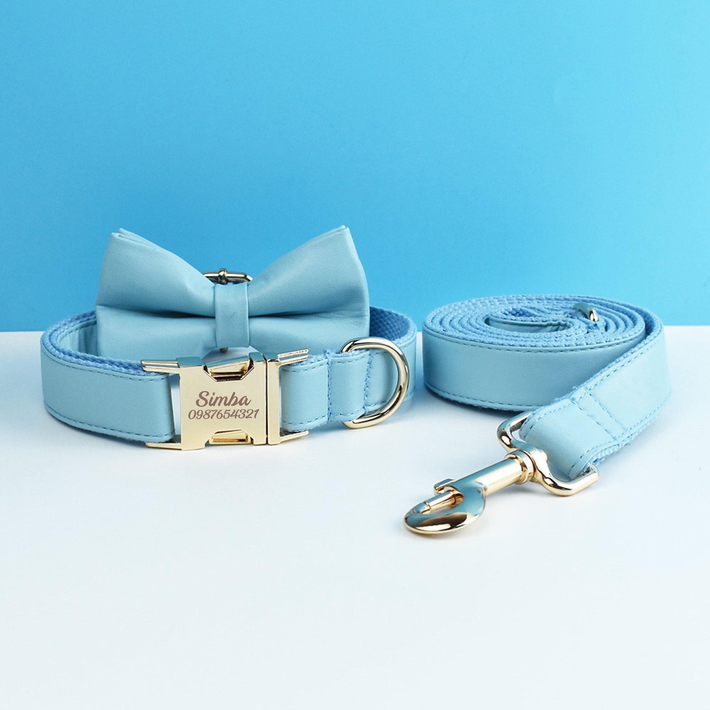 Leather dog collar, sky blue PU collar/lead/bowtie/harness/bag, solid dog collar leash set, engraved metal buckle,wedding puppy gift
