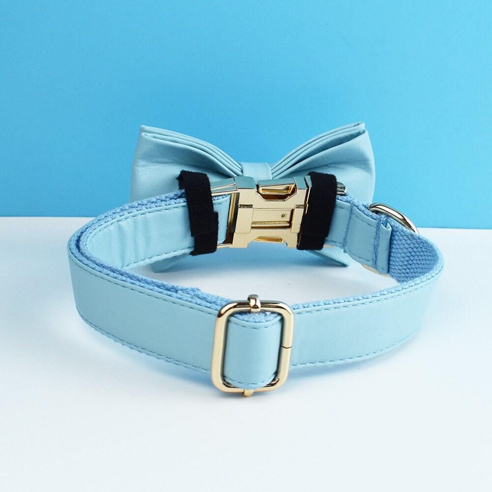 Leather dog collar, sky blue PU collar/lead/bowtie/harness/bag, solid dog collar leash set, engraved metal buckle,wedding puppy gift