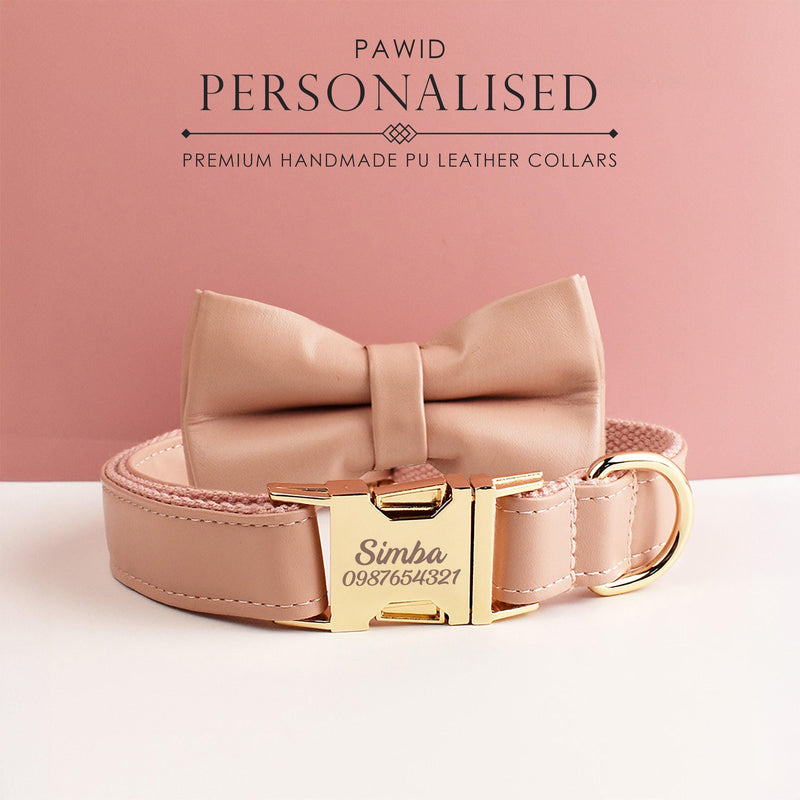 Leather dog collar, champagne pu collar/lead/bowtie/harness/bag,solid dog collar leash set, engraved metal buckle,wedding puppy gift