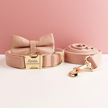 Leather dog collar, champagne pu collar/lead/bowtie/harness/bag,solid dog collar leash set, engraved metal buckle,wedding puppy gift